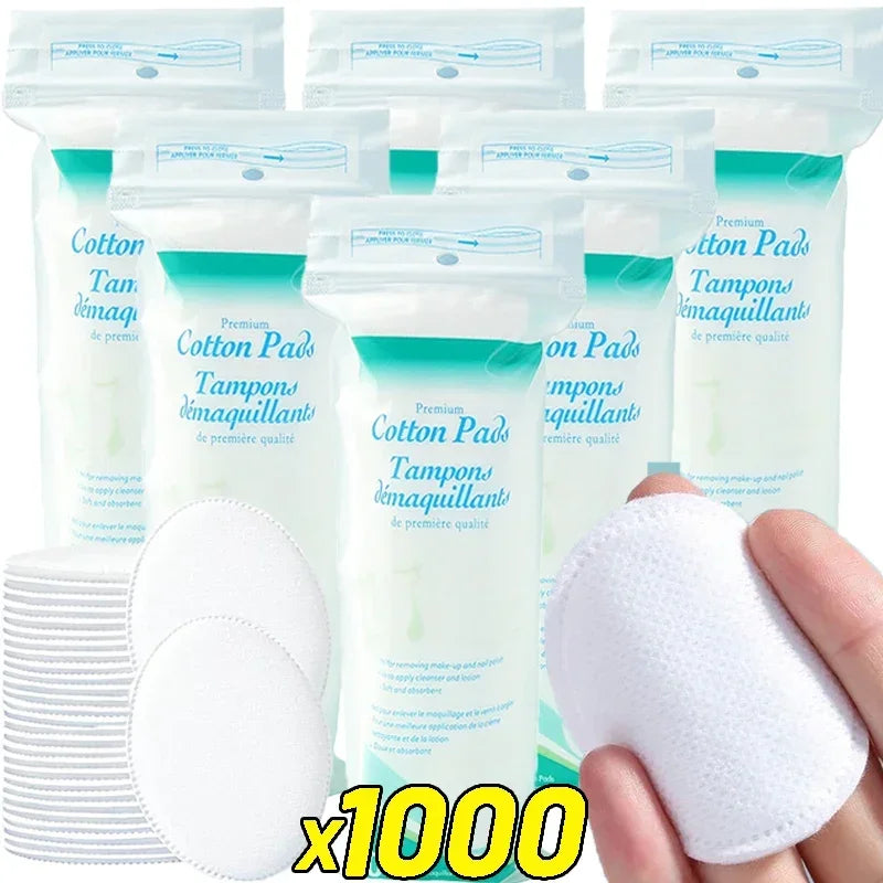 A collection of premium cotton pads for makeup removal and face cleaning, shown next to a white cotton pad.