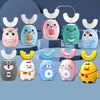 A collection of colorful, cute, silicone-shaped electric toothbrushes for kids hanging from a rack.