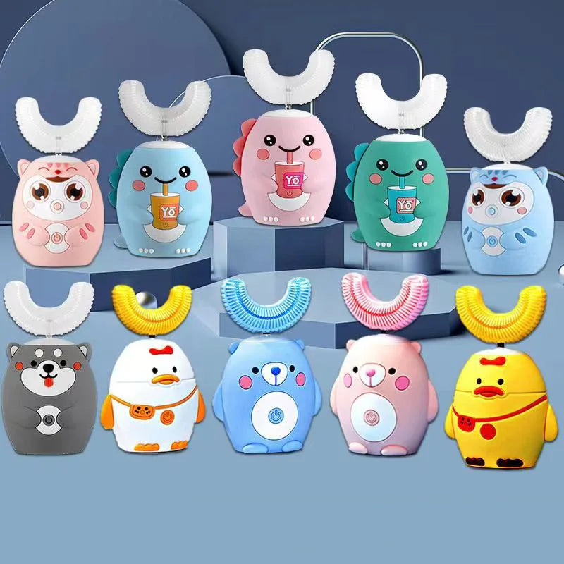 A collection of colorful, cute, silicone-shaped electric toothbrushes for kids hanging from a rack.