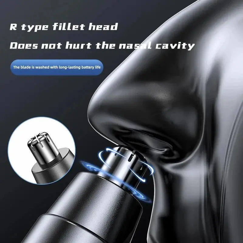 Close-up of an R type fillet head electric nose and ear hair trimmer being used on a person's nose.