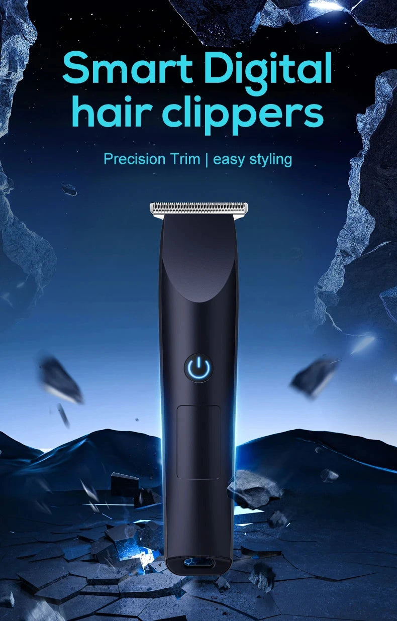 A black electric hair clipper is shown against a dark, icy background with blue light effects.