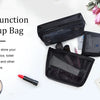 Collection de sacs et pochettes multifonctions noires pour maquillage, présentés sur fond blanc.