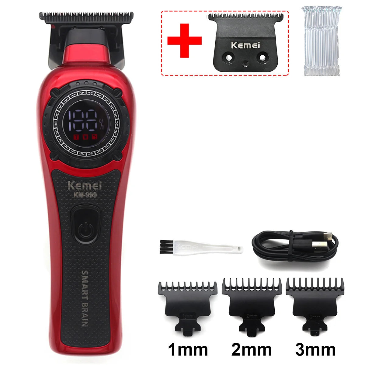 Rotes Kemei KM-999 smartes Gehirn-Elektrohaar-Trimmer mit verschiedenen Aufsätzen