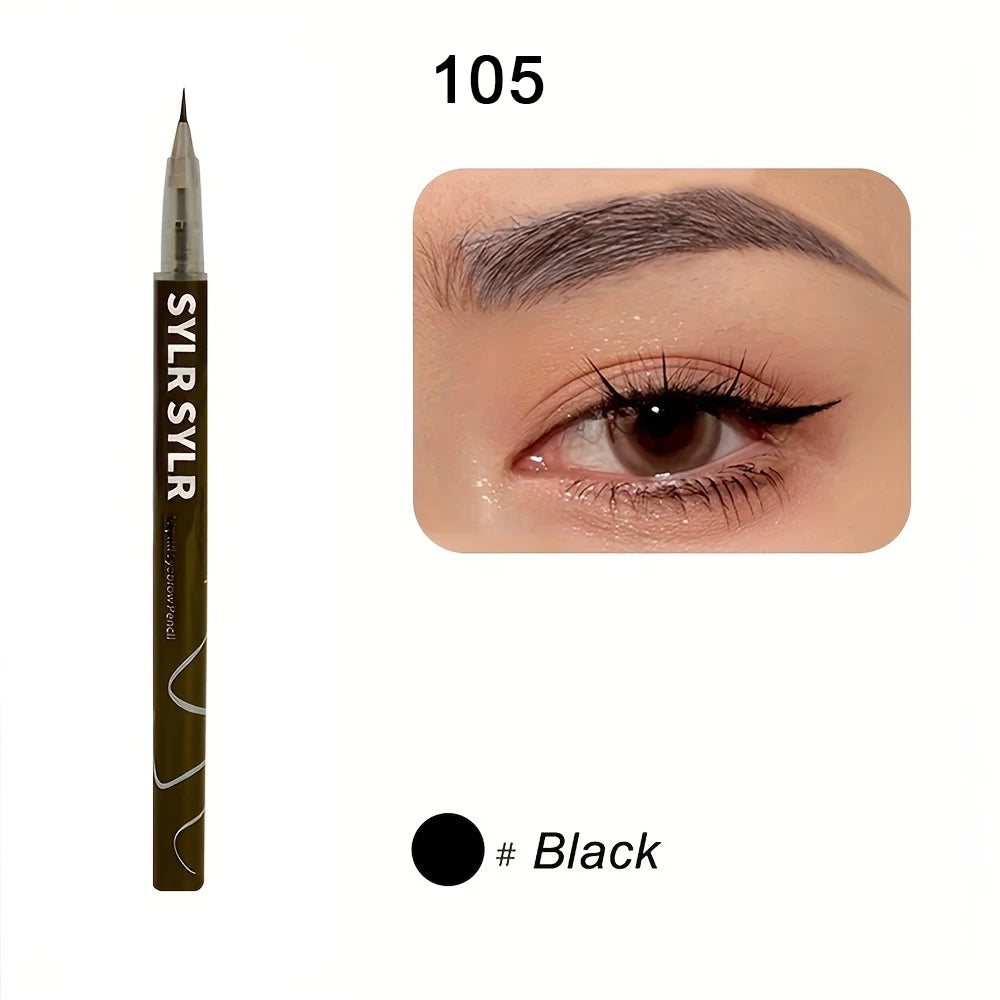 A black ultra-fine liquid eyebrow pen is shown next to a close-up of an eye with defined eyelashes.