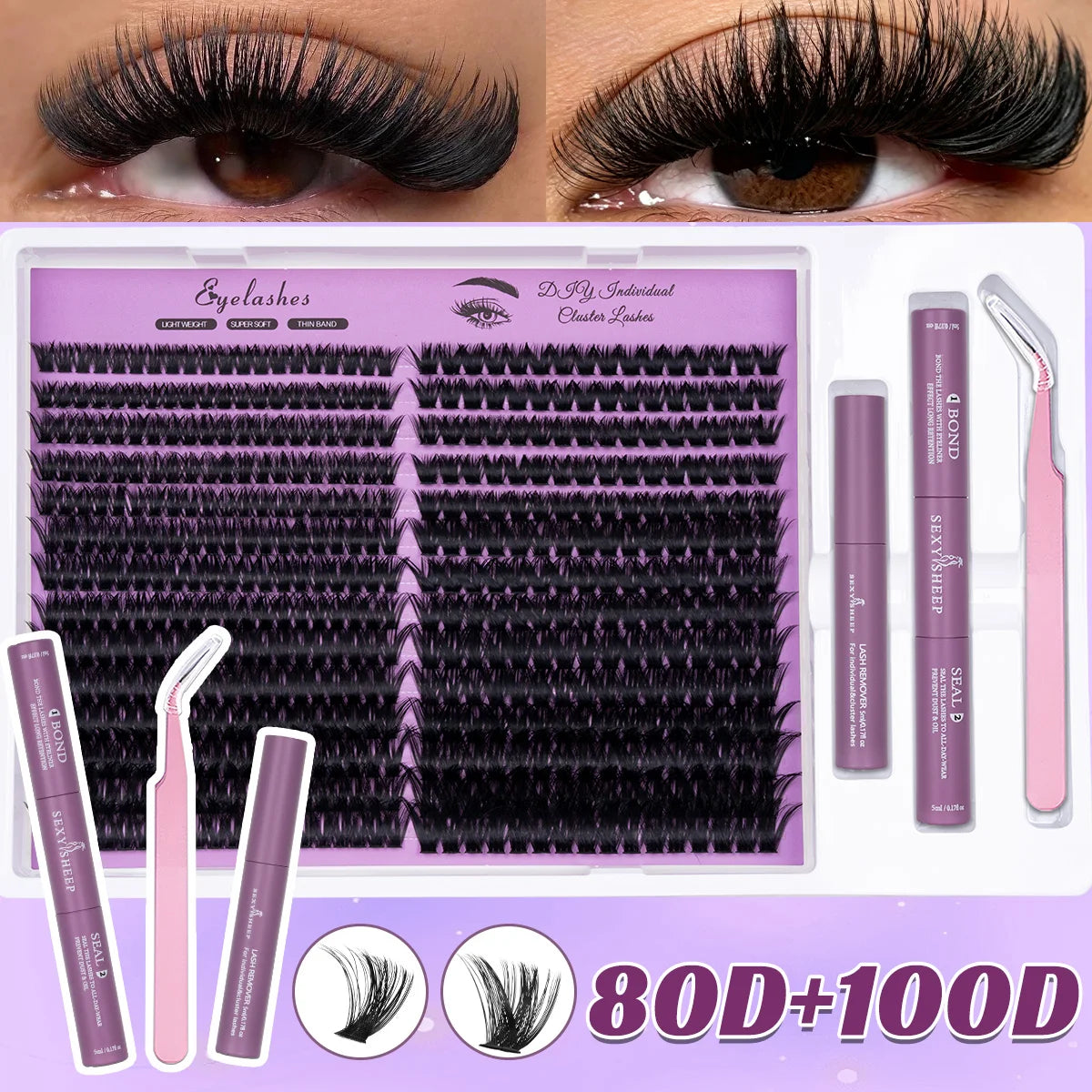 DIY-Lash-Extension-Kit mit Wimpern, Kleber und Pinzette für die Anwendung von Augenwimpern.