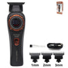 A black professional cordless hair trimmer with a digital display and three different guard attachments.
