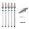 A set of five silver diamond nail drill bits with blue accents shown individually and in a circular view.