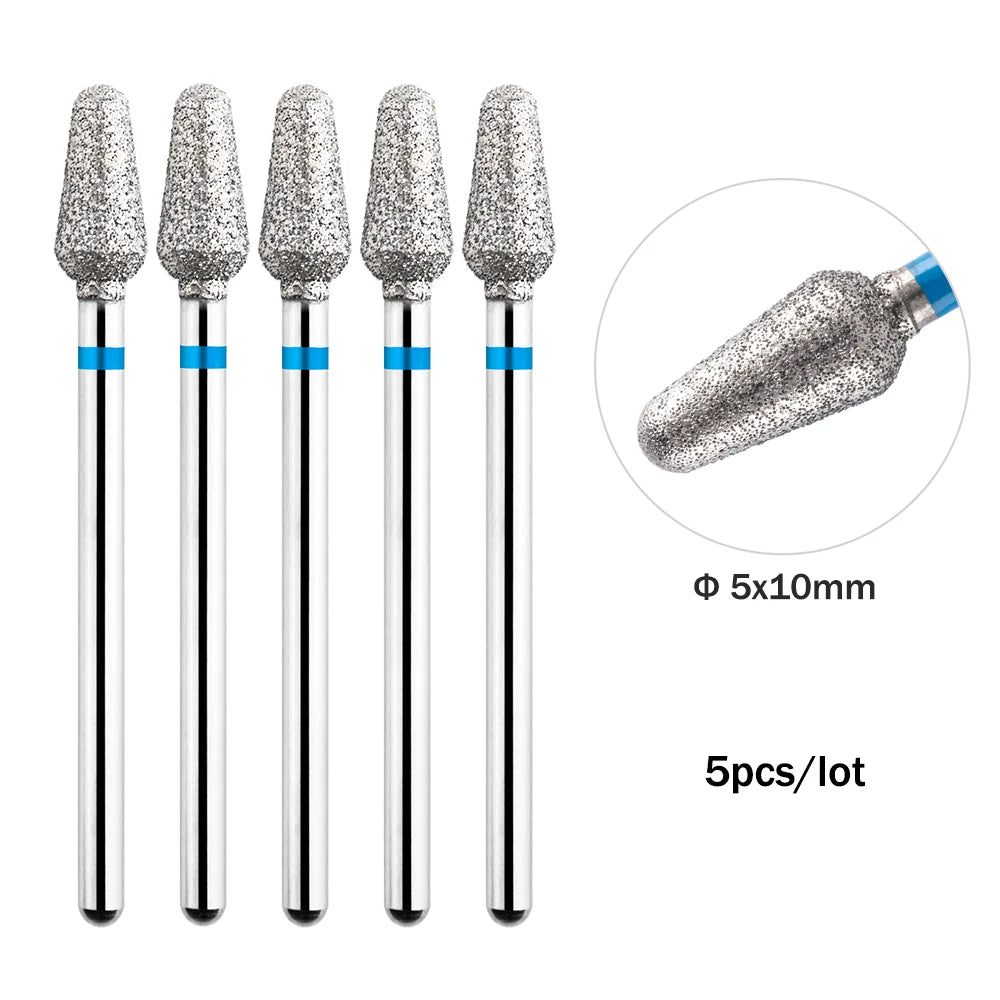 A set of five silver diamond nail drill bits with blue accents shown individually and in a circular view.