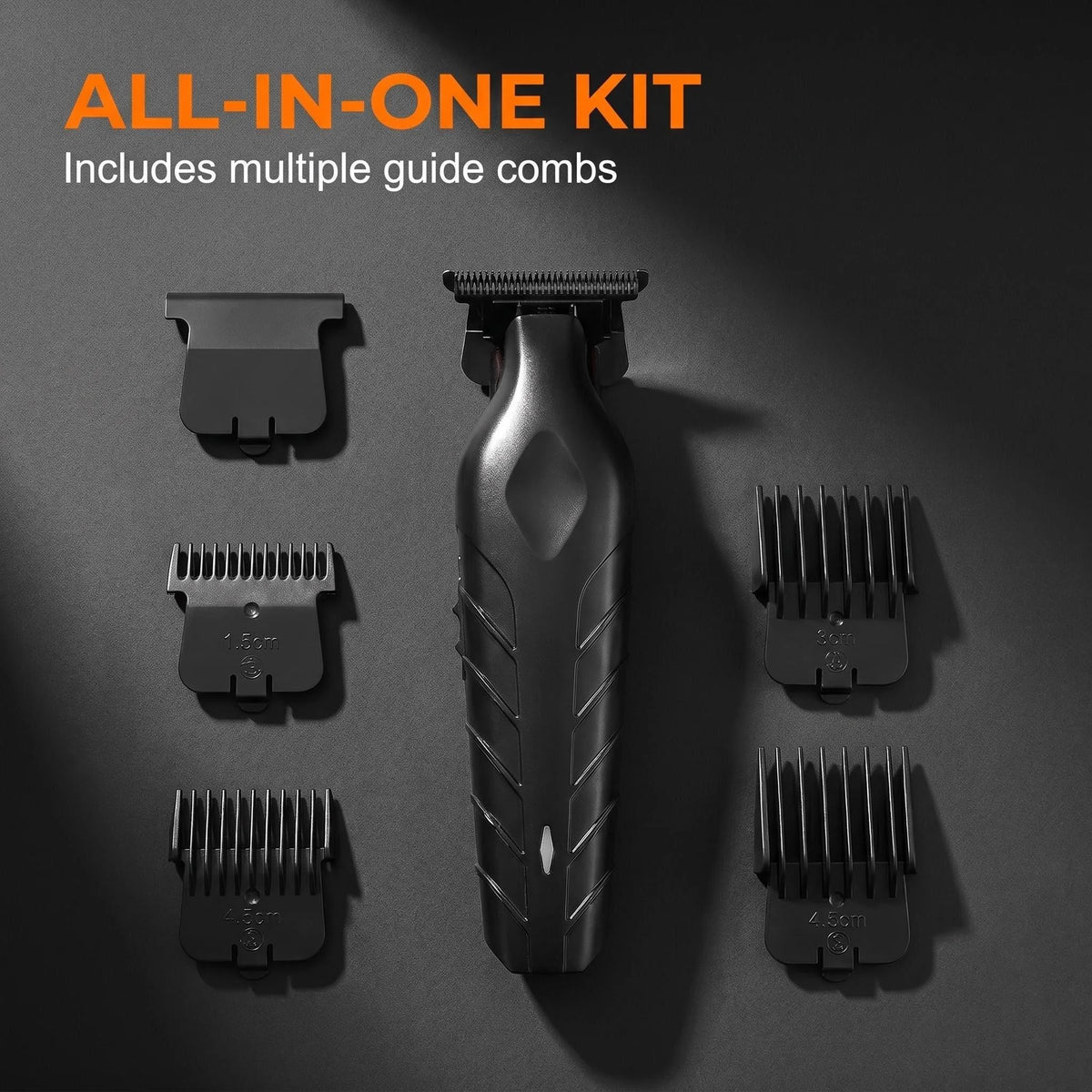 Ein Komplettset mit mehreren Führungsbürsten und einem Haartrimmer, vor dunklem Hintergrund.