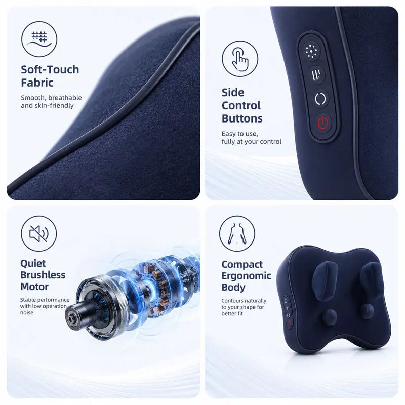 An electric massage pillow with a soft fabric cover, side control buttons, and a brushless motor.