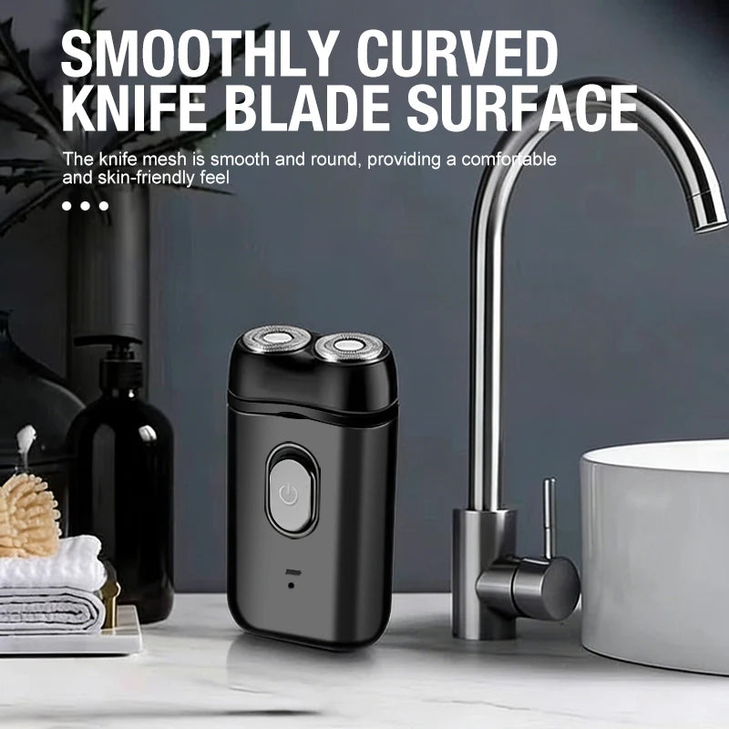A black electric portable double-head shaver is shown next to a modern faucet and a white sink.