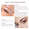 Instructions for using an eyebrow powder kit, showing steps for applying makeup with a stencil.
