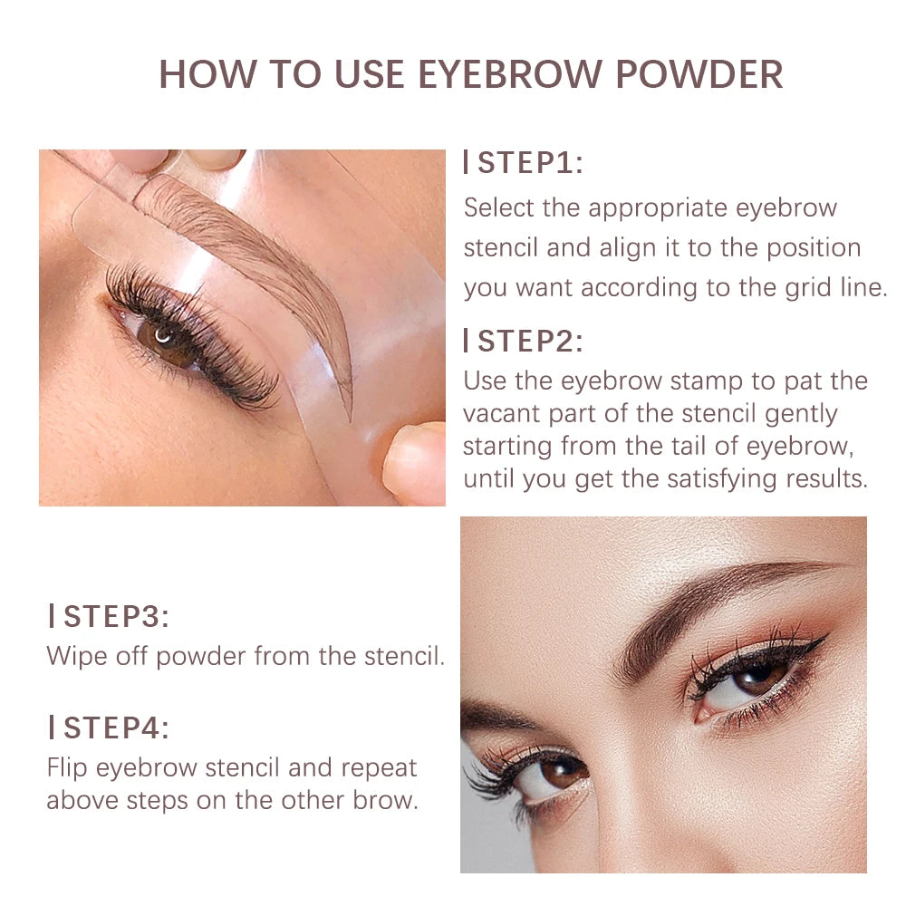 Instructions for using an eyebrow powder kit, showing steps for applying makeup with a stencil.