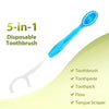 A blue 5-in-1 disposable toothbrush set featuring a brush, toothpaste, toothpick, floss, and tongue scraper.