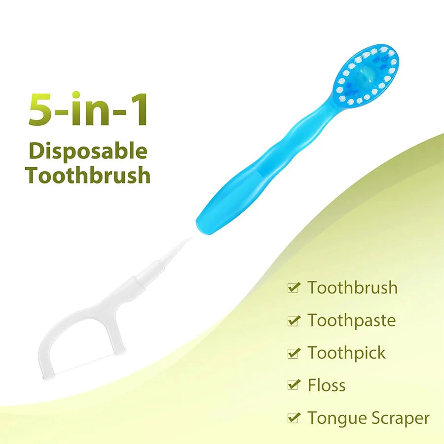 A blue 5-in-1 disposable toothbrush set featuring a brush, toothpaste, toothpick, floss, and tongue scraper.