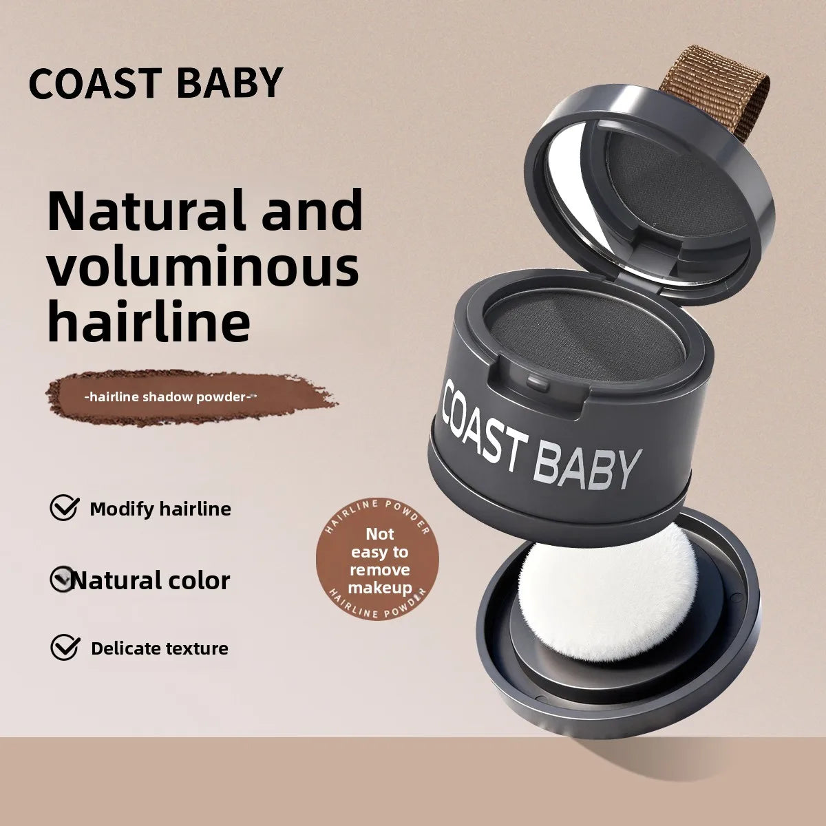 A dark gray cosmetic product called Coast Baby hairline shadow powder in an open compact with a white brush visible.