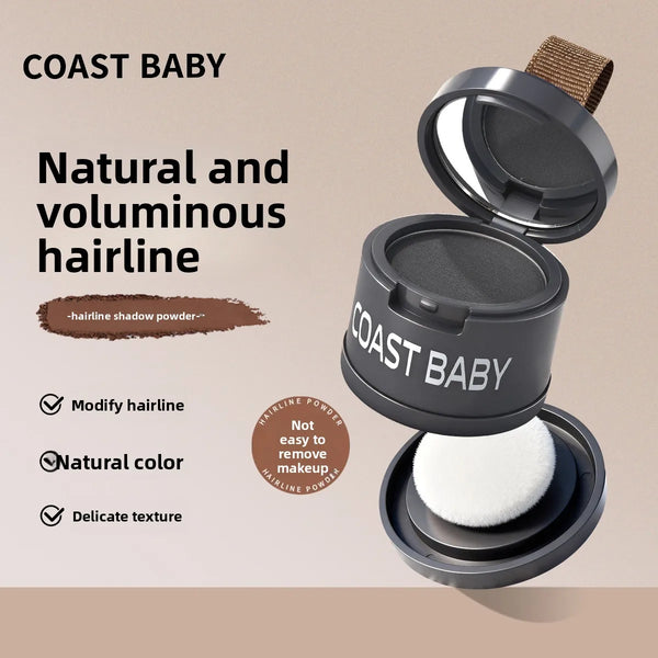 Poudre pour front ou ligne de cheveux Coast Baby, dans un compact ouvert avec une brosse blanche.