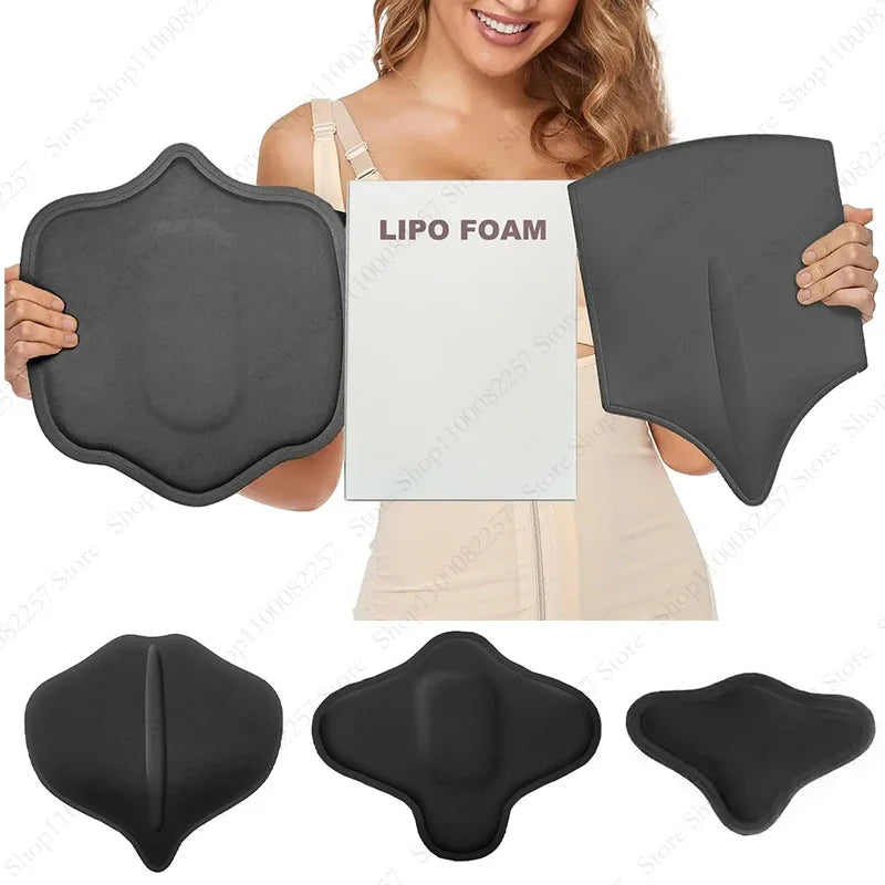 A woman holds a black Lipo Foam lumbar support board and various shaped foam pads for compression and molding.