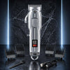 A silver professional cordless hair clipper set displayed against a dark, textured background with bright blue lighting.