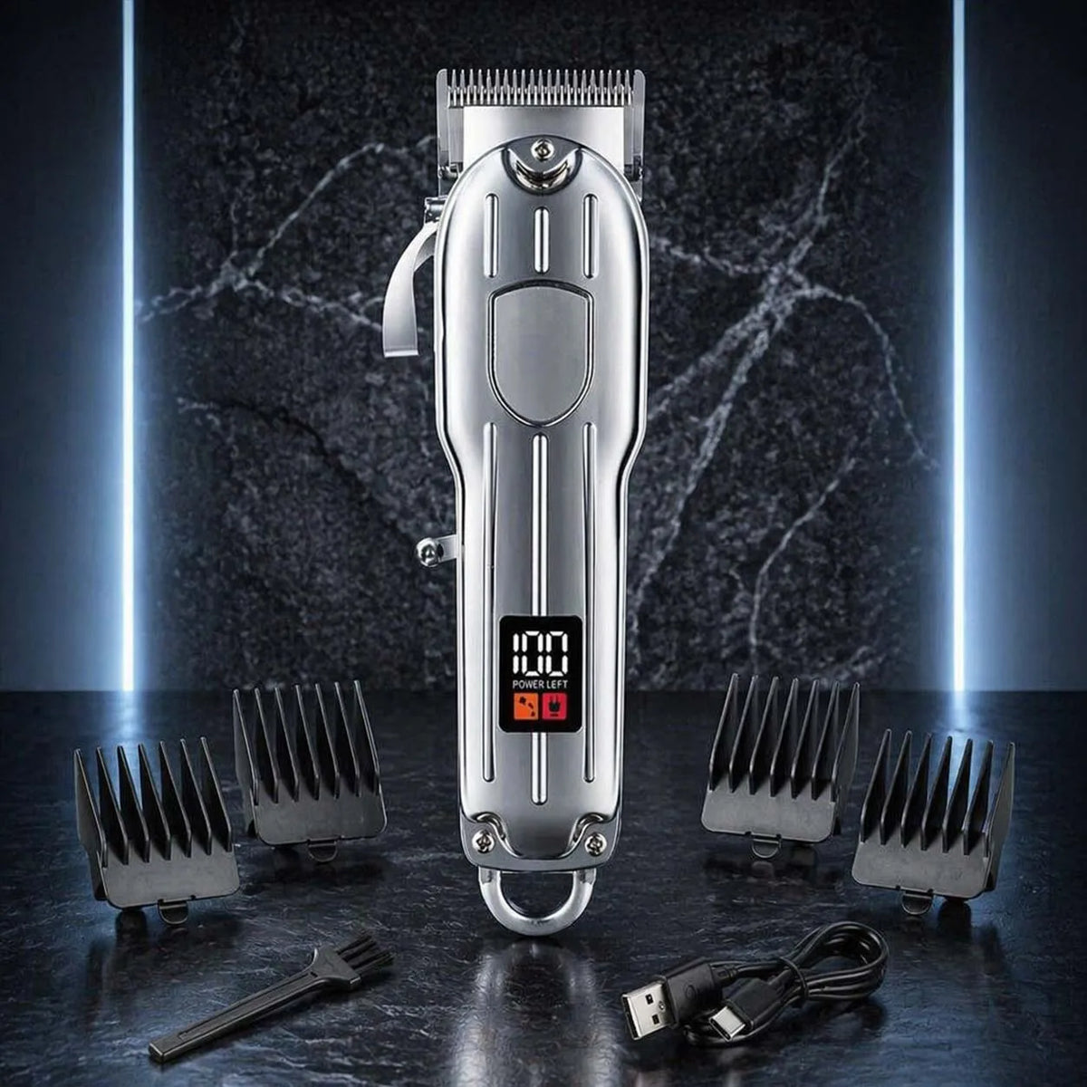 A silver professional cordless hair clipper set displayed against a dark, textured background with bright blue lighting.
