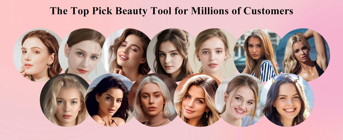 A collage of diverse women showcasing the Painless Electric Facial Hair Remover tool.