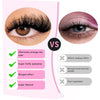 Comparison showing enlarged and fluttery eyelashes versus reduced and short eyelashes from a DIY lash clusters kit.