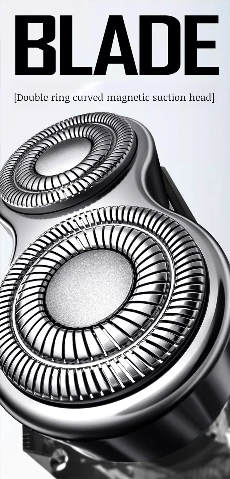 Close-up of a silver blade head for a portable magnetic electric shaver.