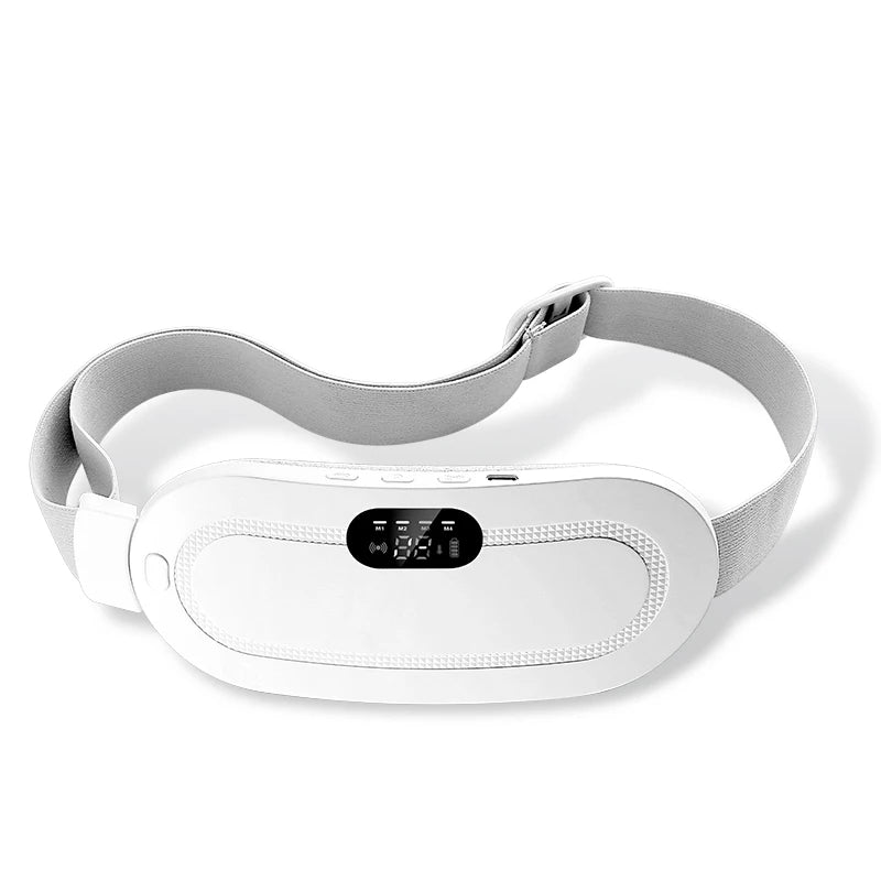 A white electric waist and abdominal massager belt worn around the torso.