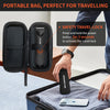 A portable black travel bag with a safety travel-lock feature is shown next to a smartphone.