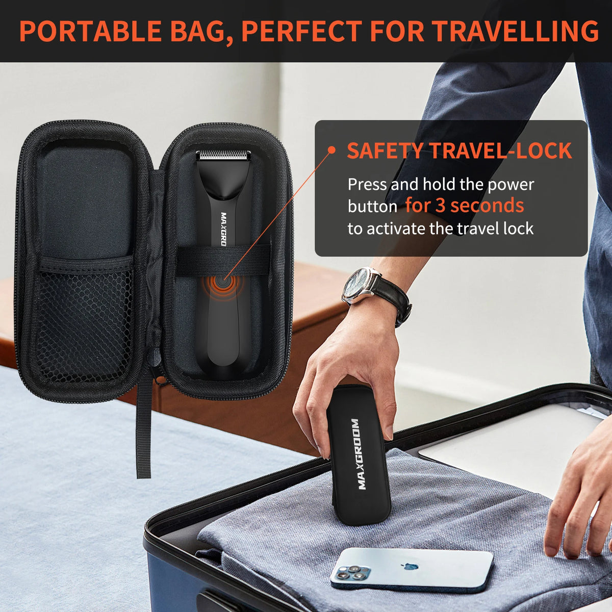 A portable black travel bag with a safety travel-lock feature is shown next to a smartphone.
