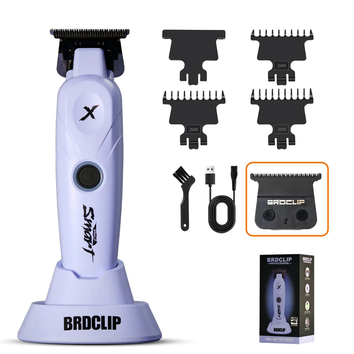 A purple professional multi-function hair grooming kit with various attachments shown.