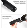 A black professional dry hair trimmer showing its double-sided comb, silicone grip, removable battery, and one-touch opening 