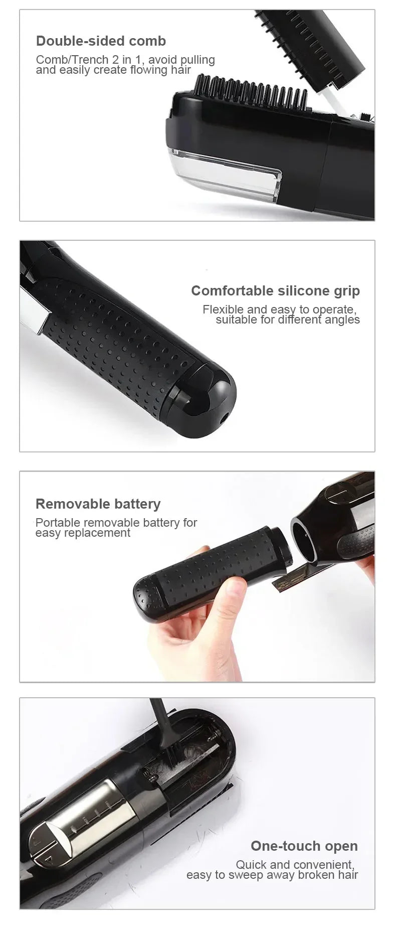 A black professional dry hair trimmer showing its double-sided comb, silicone grip, removable battery, and one-touch opening 