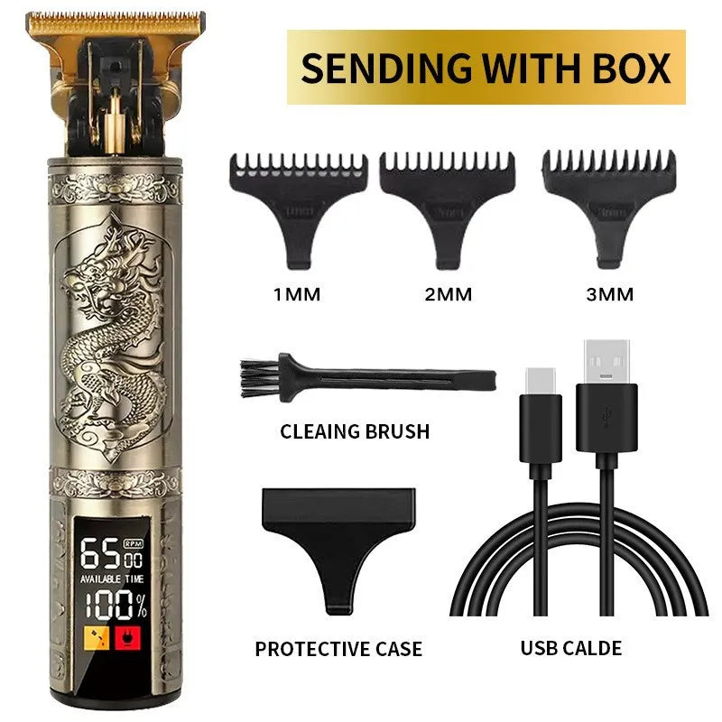 A professional electric hair clipper set including a body, cleaning brush, protective case, and USB cable.