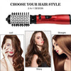 A red 2-in-1 hair styling tool featuring bristles for curl, wavy, and straight hair styles.