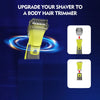 A yellow shaver head is shown being upgraded to a body hair trimmer, illustrating the conversion process.