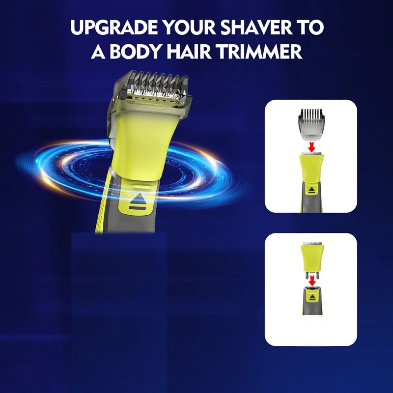 A yellow shaver head is shown being upgraded to a body hair trimmer, illustrating the conversion process.