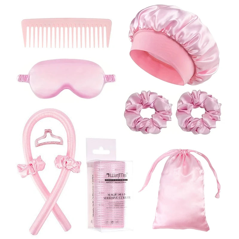 Un ensemble d'outils de coiffure roses comprenant un peigne, des lunettes, des rouleaux pour cheveux et un sac pour cheveux e
