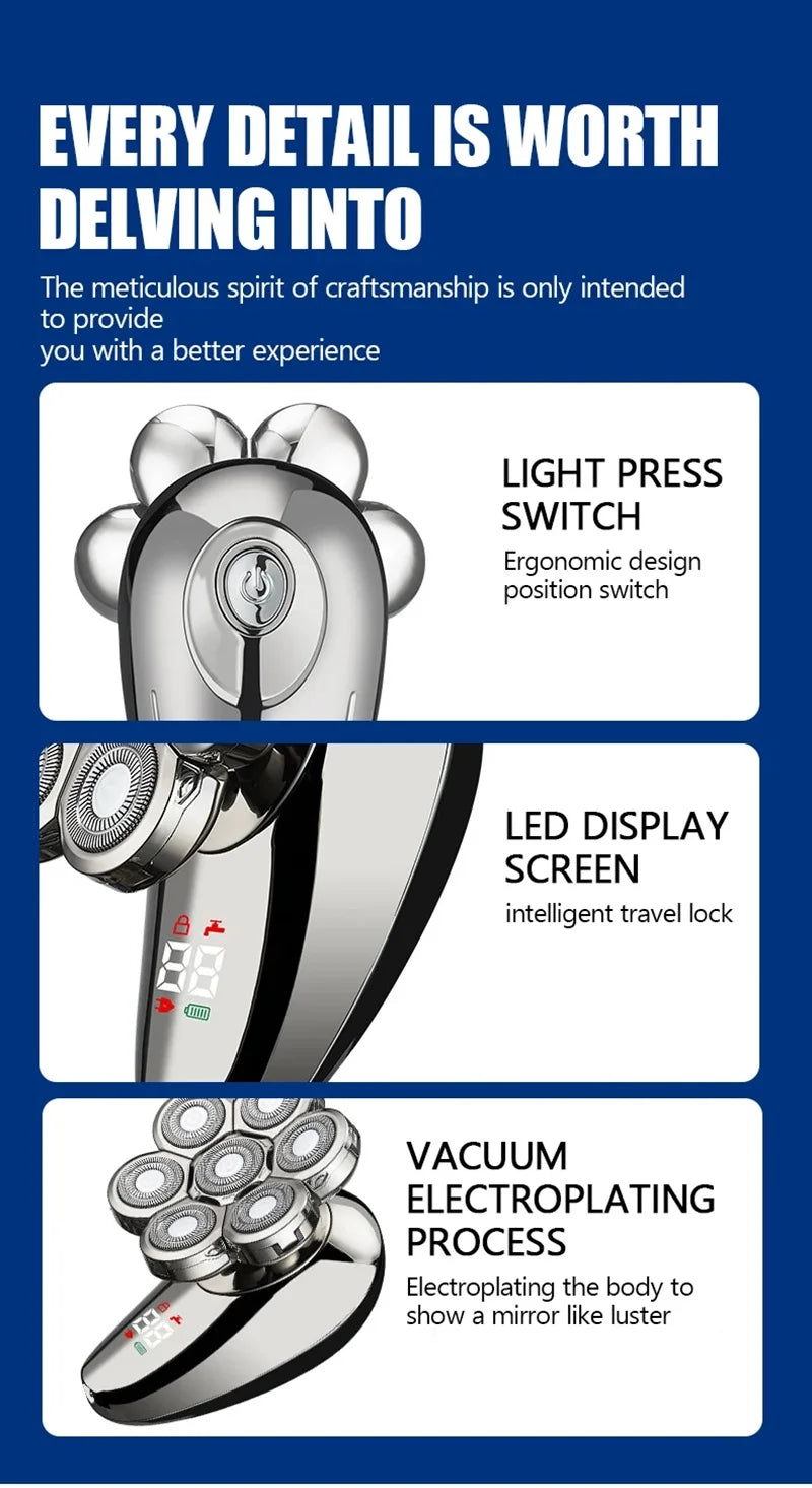 Close-up view of a silver electric shaver kit showing light press switch, LED display screen, and vacuum electroplating proce