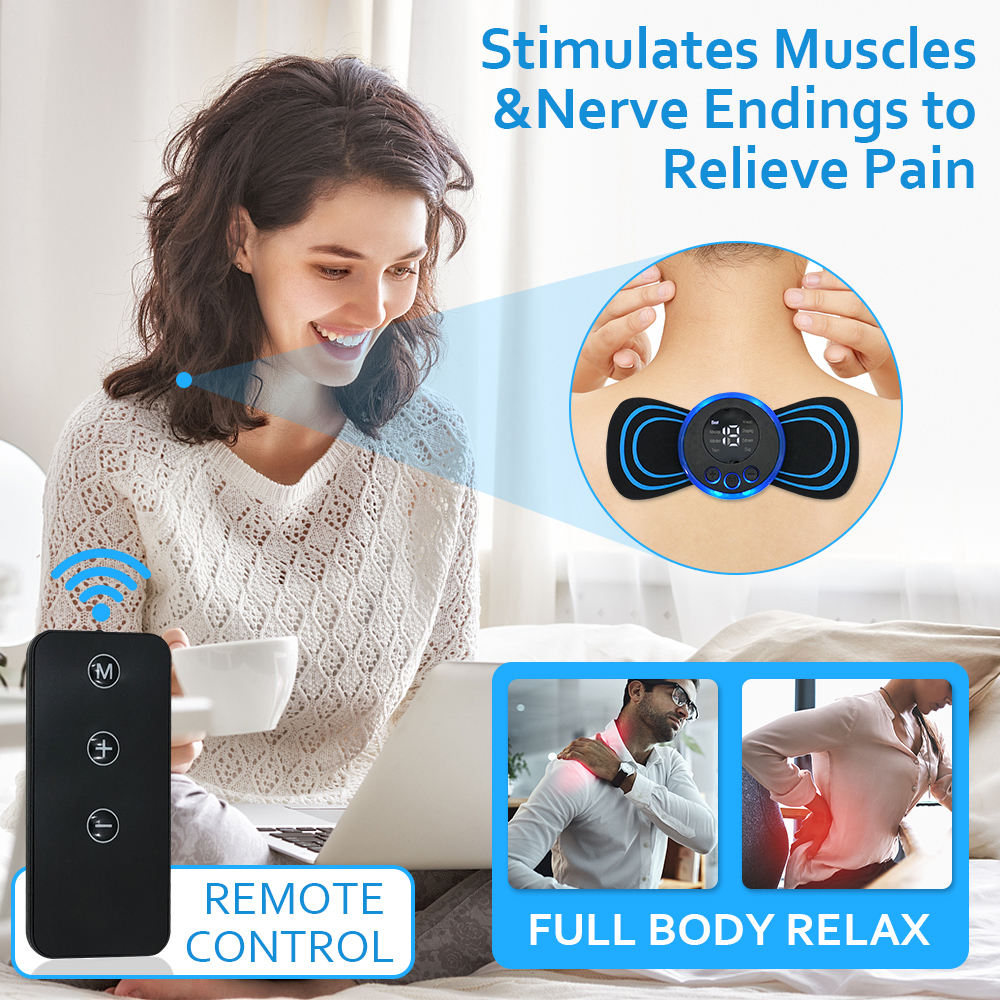 A woman is using a remote control device to stimulate muscles and nerve endings for pain relief, with an inset showing the de