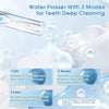 A water flosser device is shown cleaning teeth with three modes: Soft, Normal, and Pulse.
