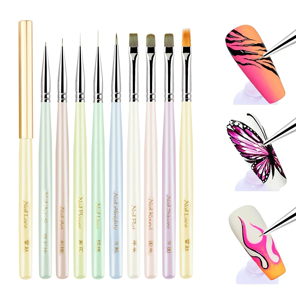 A set of professional nail art brushes in various shades of pink and green for detailed painting