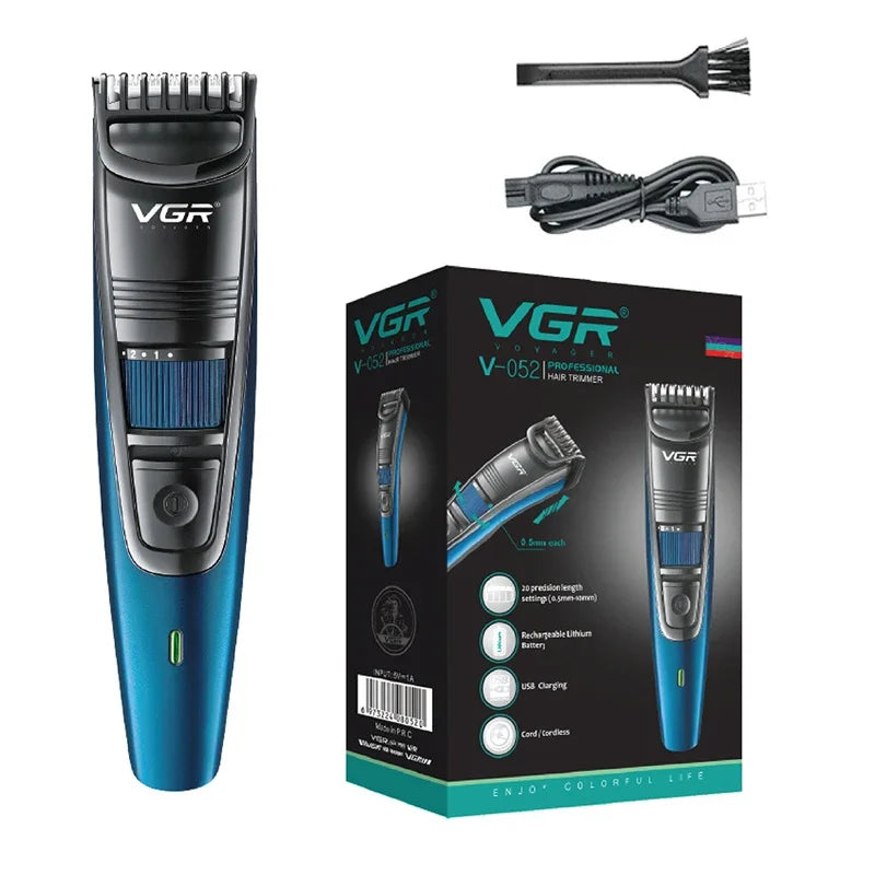 A VGR professional electric beard and hair trimmer shown with its components and packaging.
