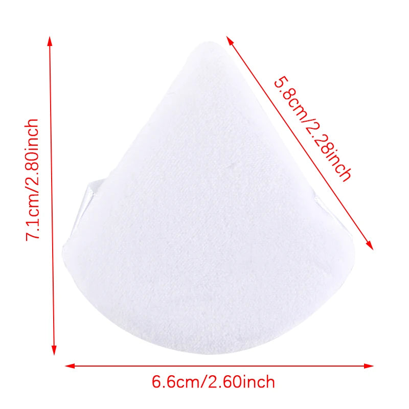 A white reusable velvet powder puff set shown from above with dimensions 7.1cm by 6.6cm.