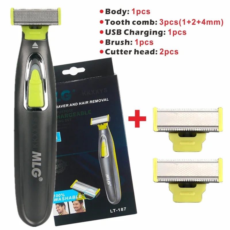 Set aus schwarzem Elektrorasierer: Gehäuse, Zahnbürste, USB-Ladekabel, Bürste und Schneidkopf.