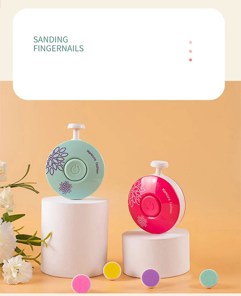 Two electric baby nail trimmers, one teal and one pink, are displayed on white stands.