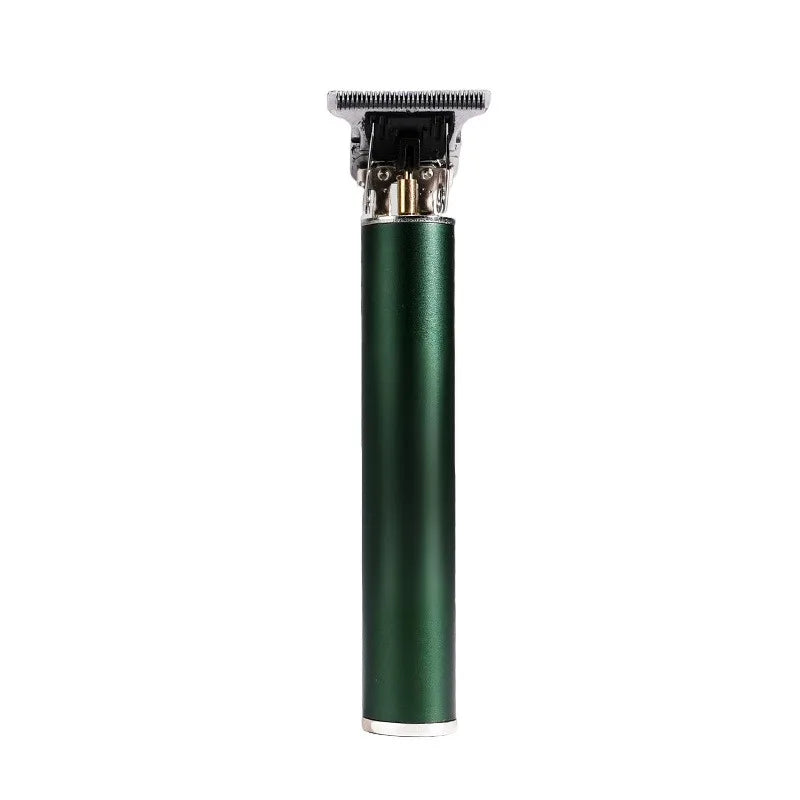 A professional rechargeable hair clipper with a metallic head and a dark green cylindrical body.