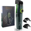 A green and black cordless beard trimmer shown with its packaging box and separate trimming attachments.