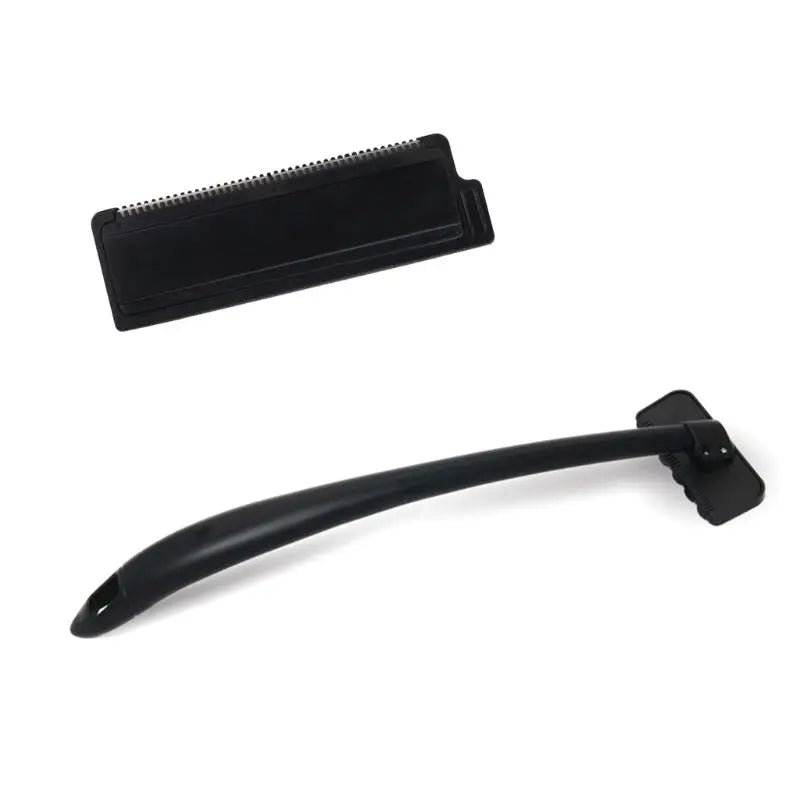 Black manual back hair shaver with a flat blade and a curved handle.