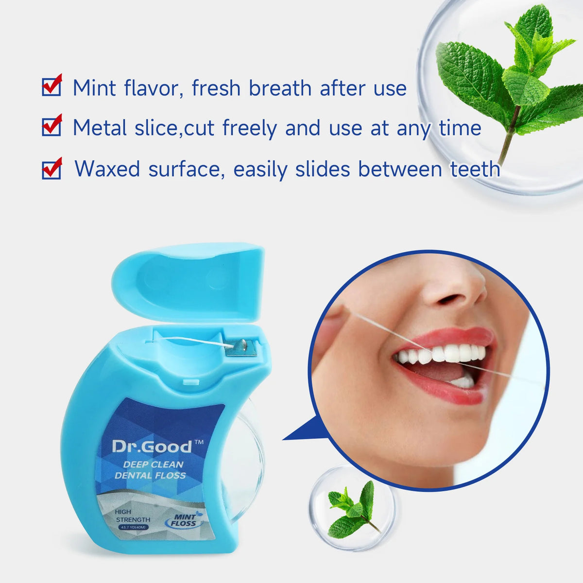 Blue Dr.Good mint floss dental cleaning sticks with a close-up of the floss and mint leaves